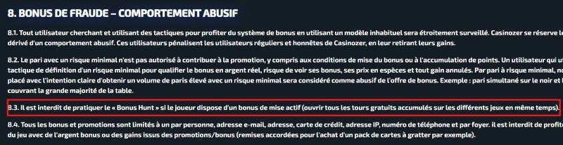 casinozer bonus règles et conditions