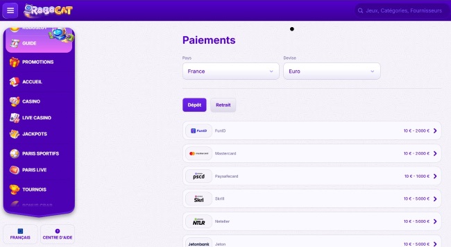 les paiements disponibles sur le casino en ligne robocat